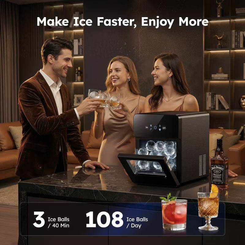 Simzlife Clear Ice Ball Maker Countertop, 3 pcs in 40 Mins, 108 pcs/Day, 2.4" Sphere Ice Maker Machine, Self-Cleaning, for Whiskey & Bourbon, Black