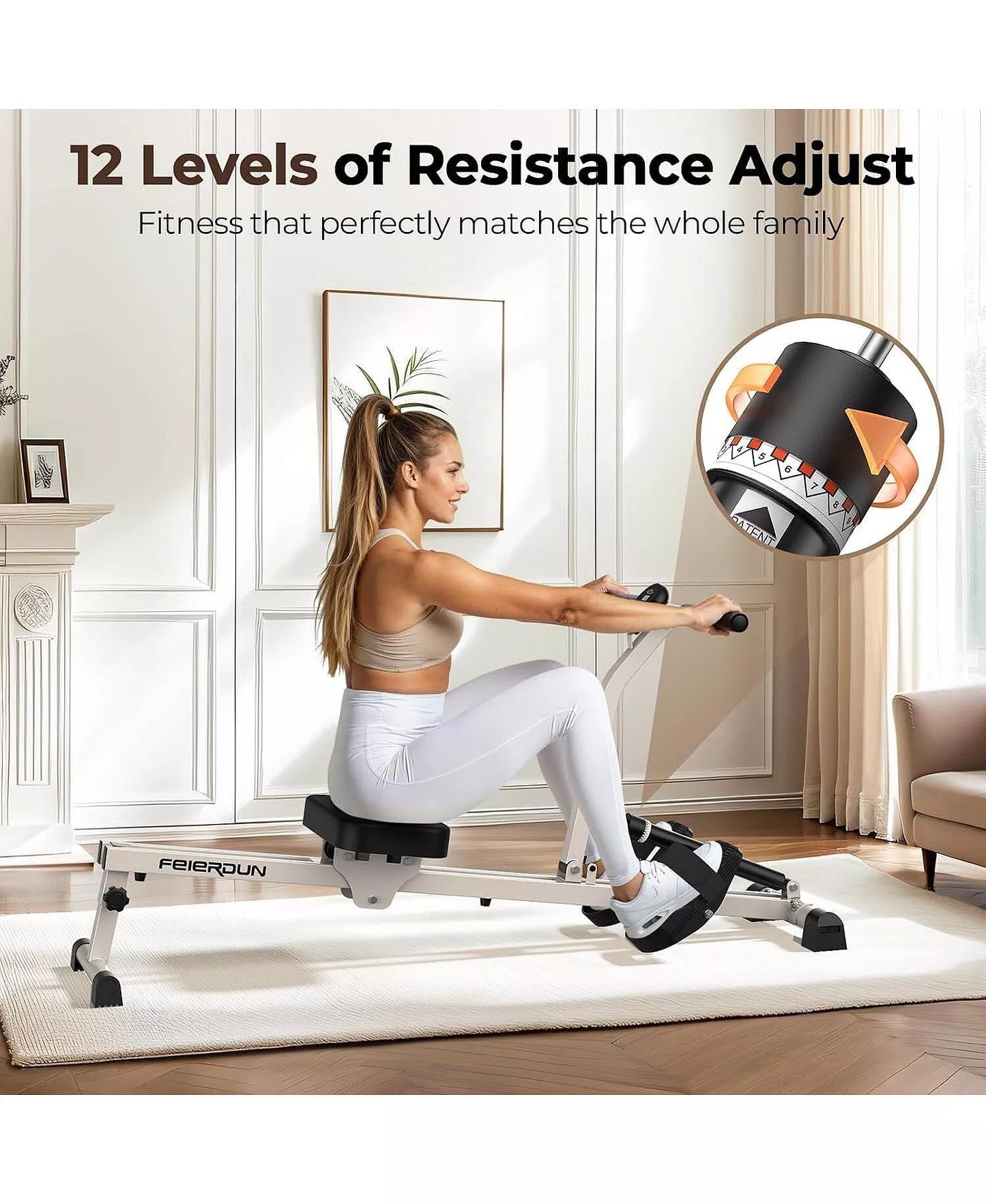 Compact Hydraulic Rowing Machine for Home, 12 Resistance Levels, 300LBS Weight Capacity, Full Body Workout Rower