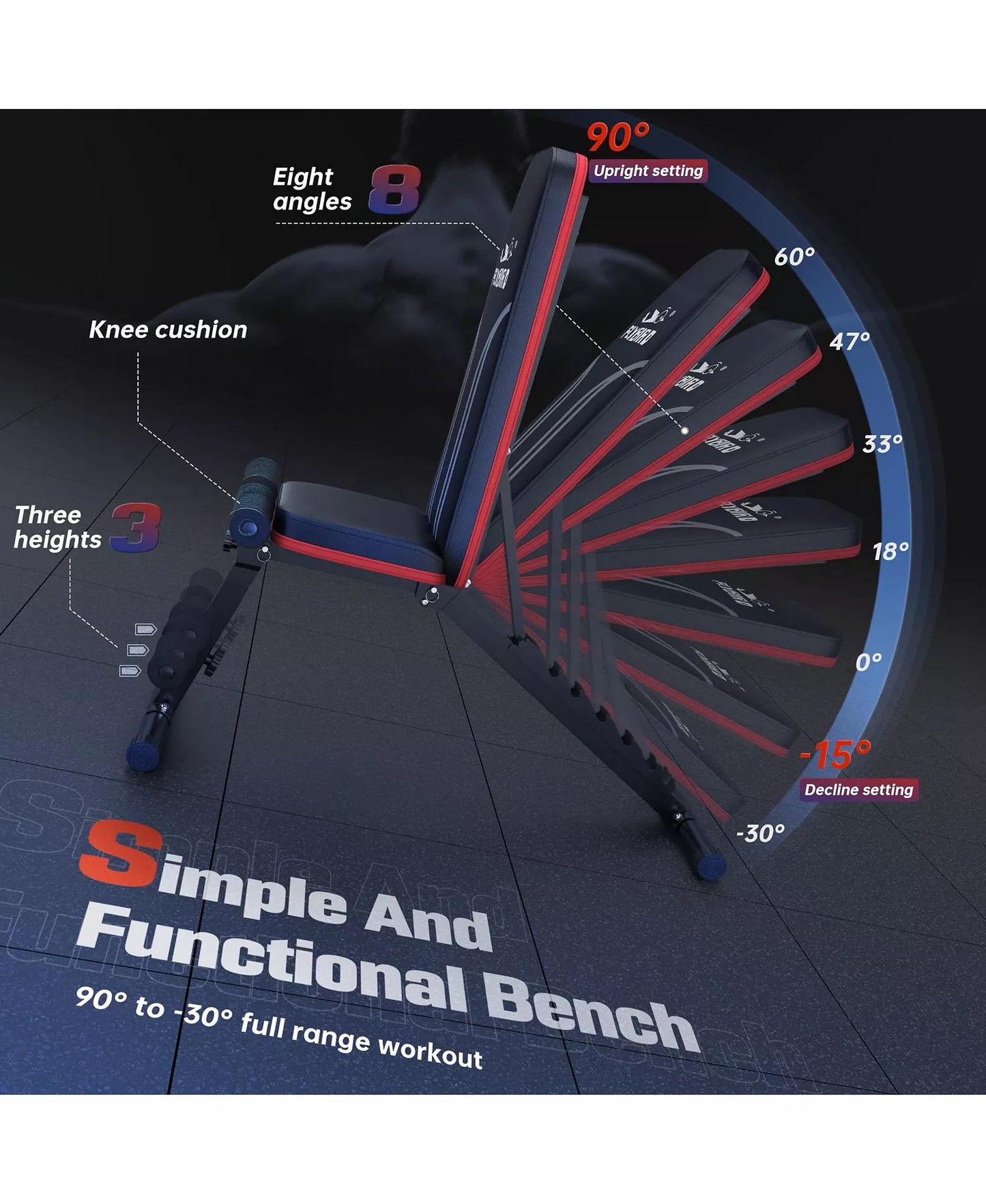 Foldable Weight Bench with 2 Resistance Bands, 8 Backrests Fast Adjustable FID for Home Gym Full Body Workout