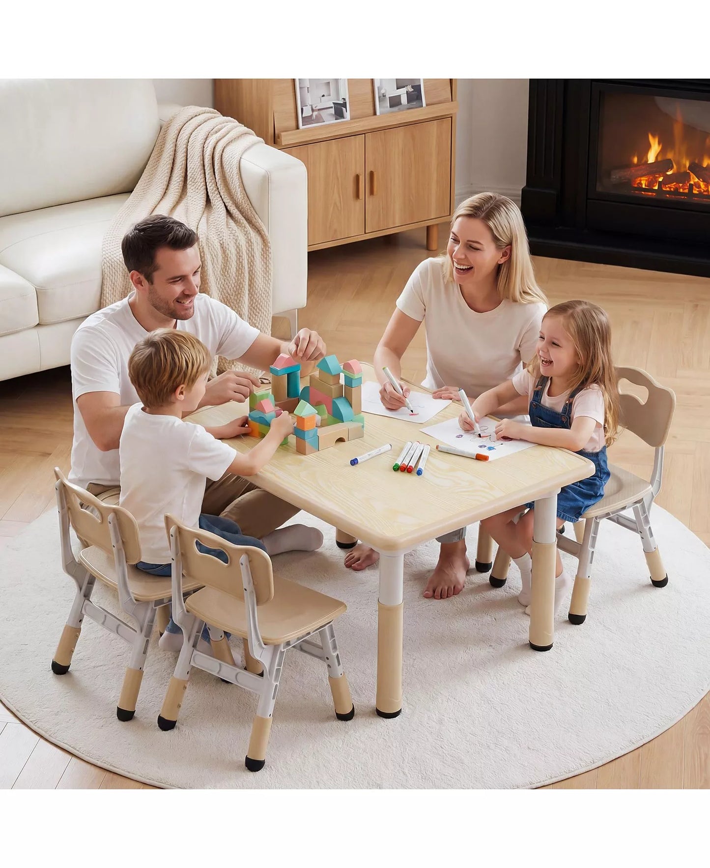 Kids Height-Adjustable Table and 4 Chairs Set with 31.5''W Easy-Clean Top