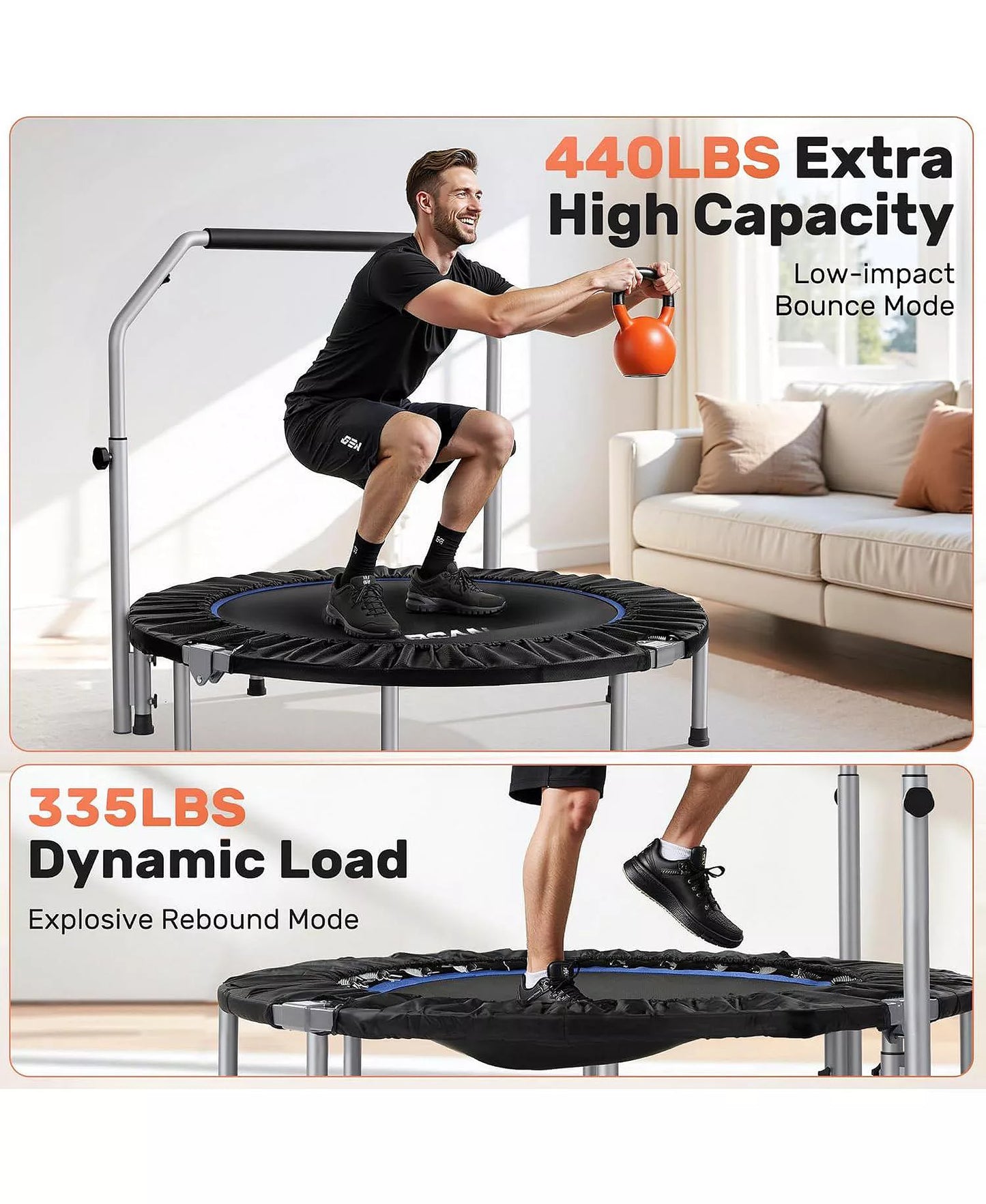 SP2 48 Inch Foldable Rebounder Mini Trampoline for Adults, 440LBS with Adjustable Padded Handle for Indoor/Outdoor Training