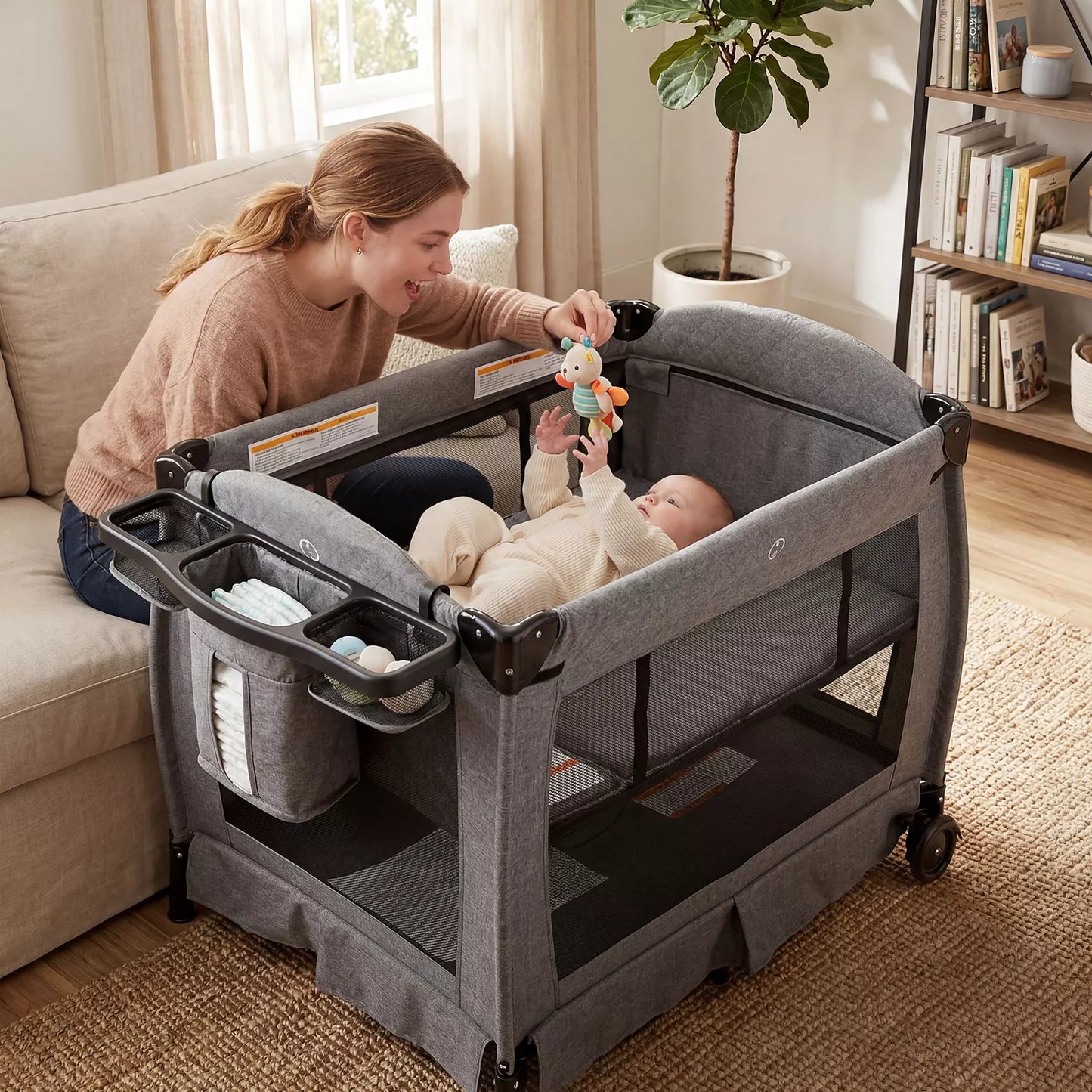 4-in-1 Portable Baby Playard with Bassinet, Changing Table and Canopy
