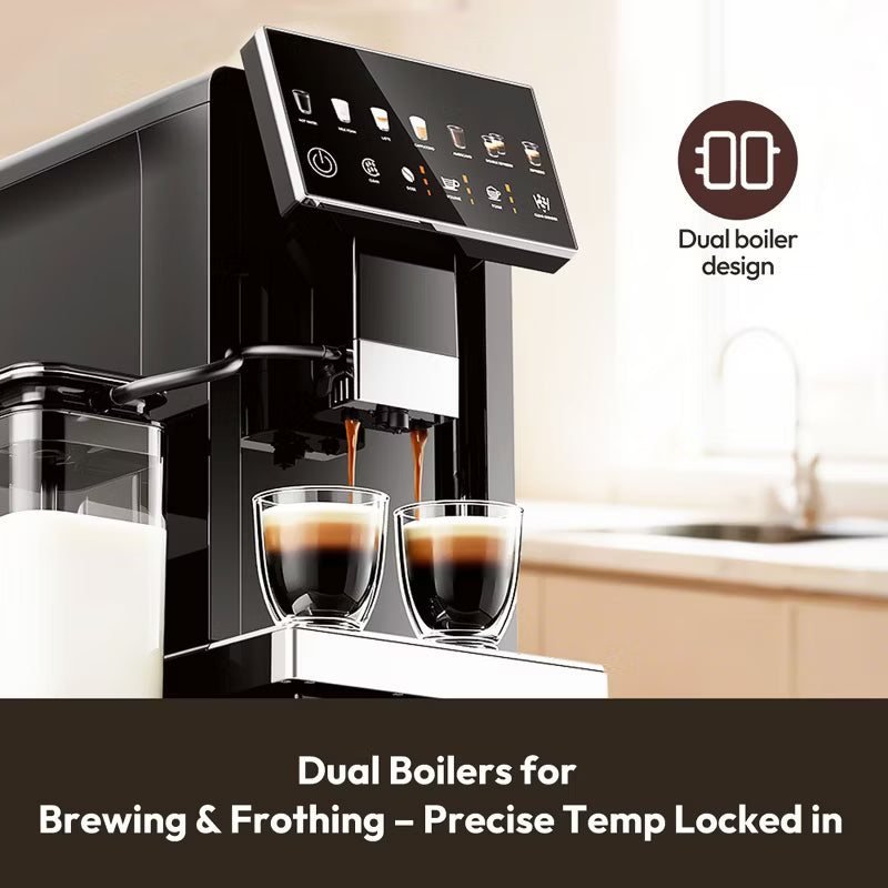 EUHOMY 20 Bar Fully Automatic Coffee and Espresso Machine, Milk Frother & Smart Touchscreen, Auto-clean, Dual Boiler Design, Black