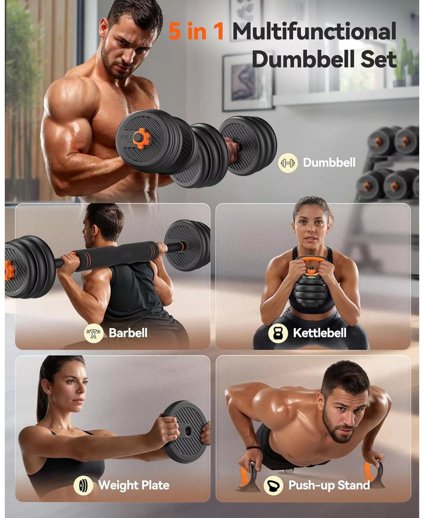 Adjustable Dumbbells, Weight Set with Connector, 5 in 1 Dumbbells Set (Barbell, Kettlebells, Push up Stand, Weight Plate)