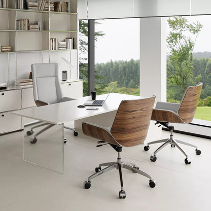 Tree City- Mid-Century Modern Swivel Office Chair with Walnut Bent Wood Back and Faux Leather Seat – Adjustable Height & Rolling Base