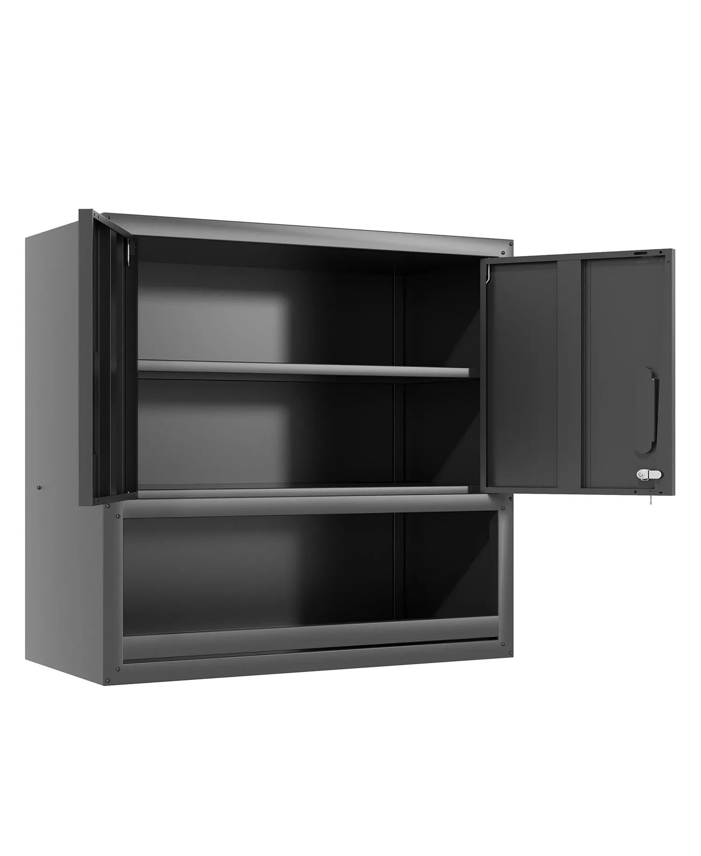 30" Wall Mounted Metal Cabinet - 2 Locking Doors and Open Drawer Garage Storage
