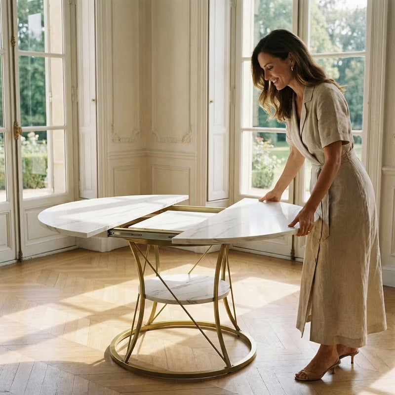 Expandable Round Dining Table – 43 to 59 Inch Marble Veneer Farmhouse Table with Gold Metal Base & Storage Shelf, Seats 4-6 for Kitchen or Dining Room