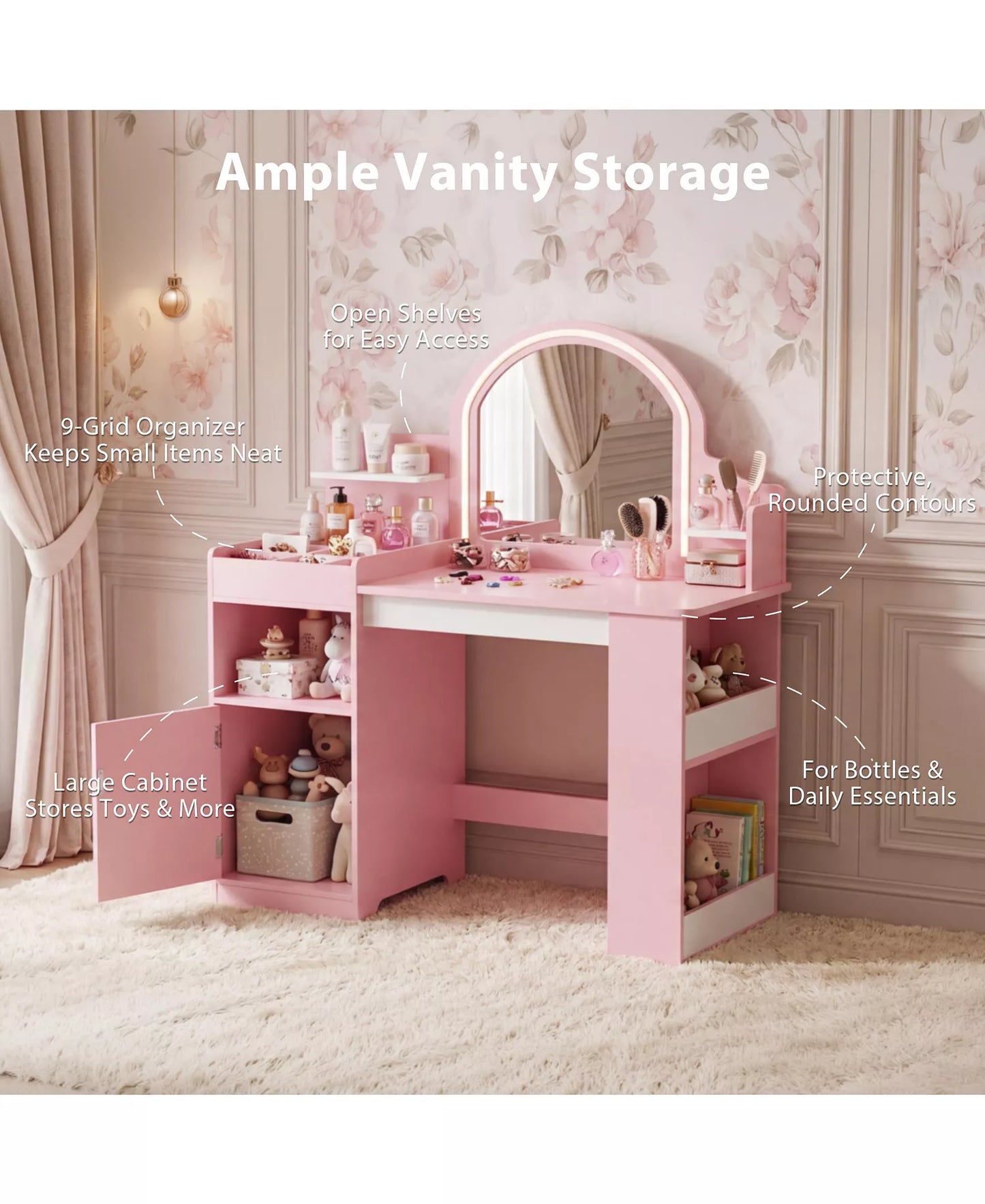 LED-Lighted Mirror Vanity Set with Storage Drawer and Stool, 2-Piece, Ages 3+