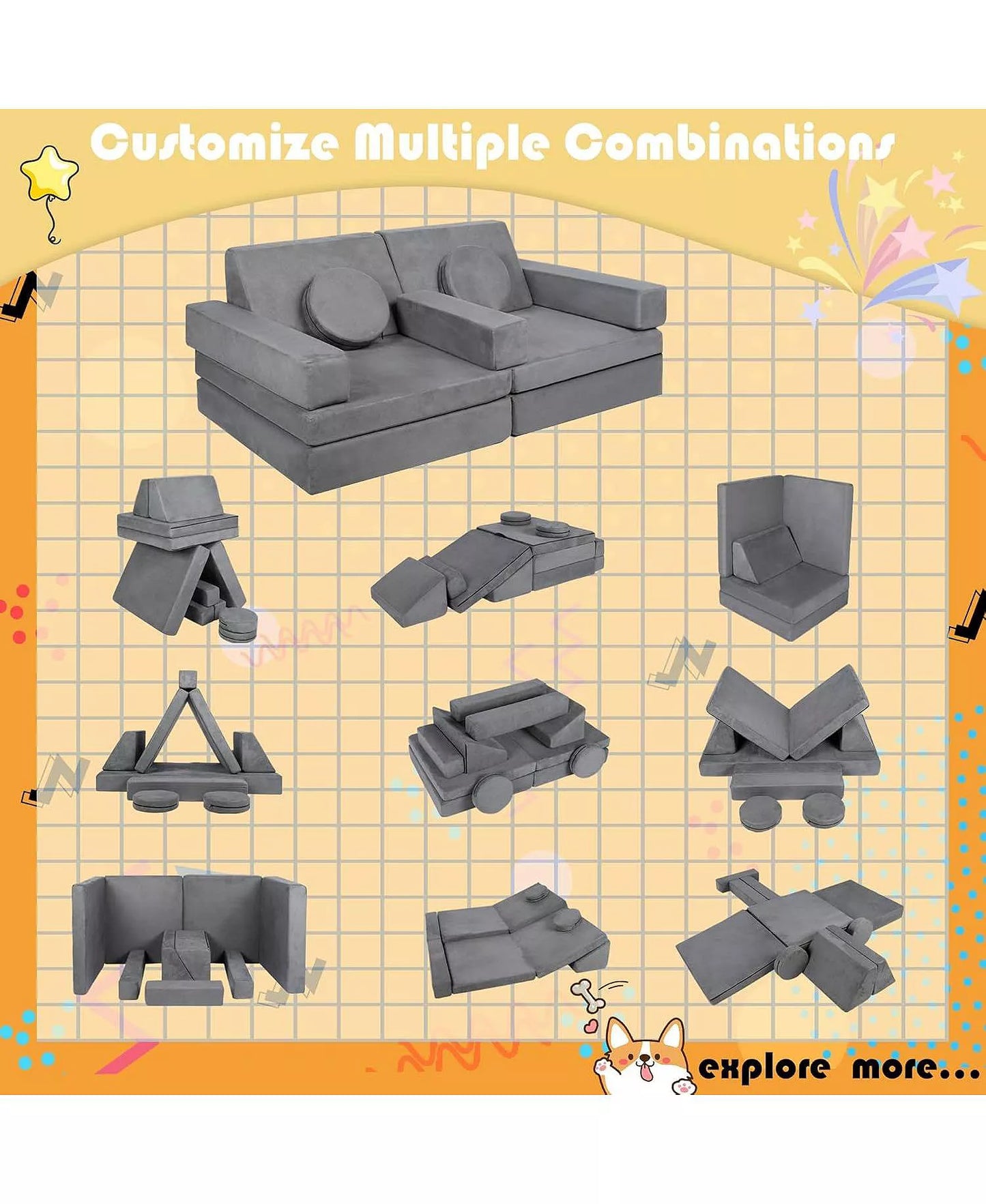 9-Piece Kids Modular Play Sofa, Convertible Foam Couch for Playroom, Grey