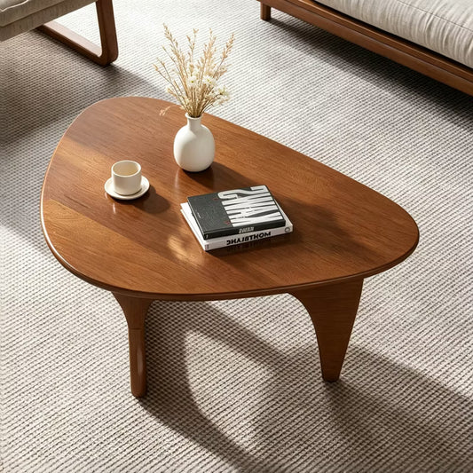 34 Inch Oval Coffee Table Mid Century Modern Walnut Wood Cocktail Table with Triangular Base for Living Room Apartment