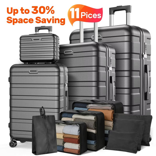 11-Piece Luggage Set: 4 Hardside Suitcases + 7 Packing Cubes, 360° Spinner Wheels, Password Lock,Nested Storage Design,Carry On Travel Set for Family