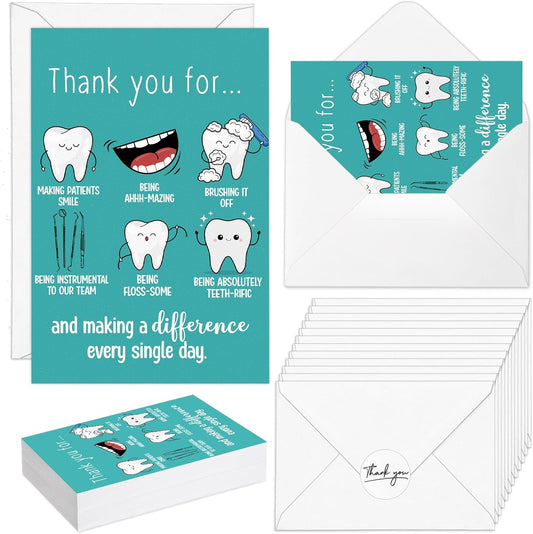 Marspark 20 Sets Dental Assistant Week Appreciation Gifts Bulk Dentist Tooth Greeting Cards with White Envelopes and Stickers Dentist Thank You Cards Gifts for Staff Nurse Coworker Office Team