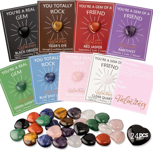 24Pack Valentines Cards with Heart-Shaped Crystal Stones, Heart-Shape Crystal Valentines Cards, YOU'RE A GEM OF A FRIEND, Valentines Gift Cards for Kids School Class Classroom
