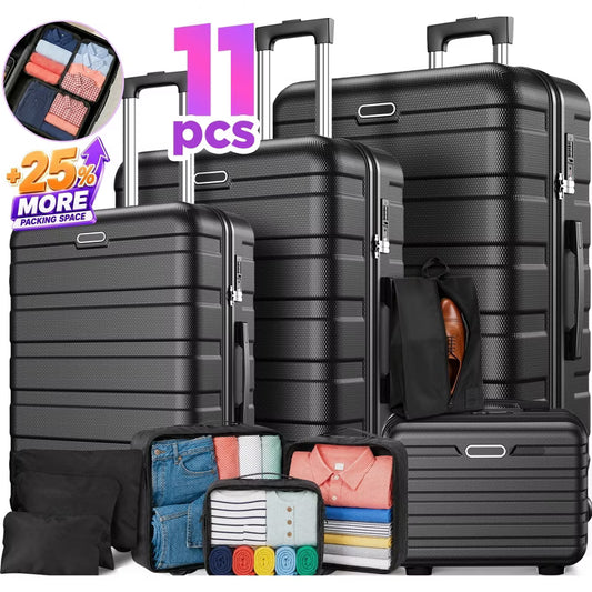 11 Piece Hardside Luggage Suitcase Set with 360° Double Spinner Wheels Integrated TSA-style Lock ABS Hardshell Luggage for Travel Trips Business
