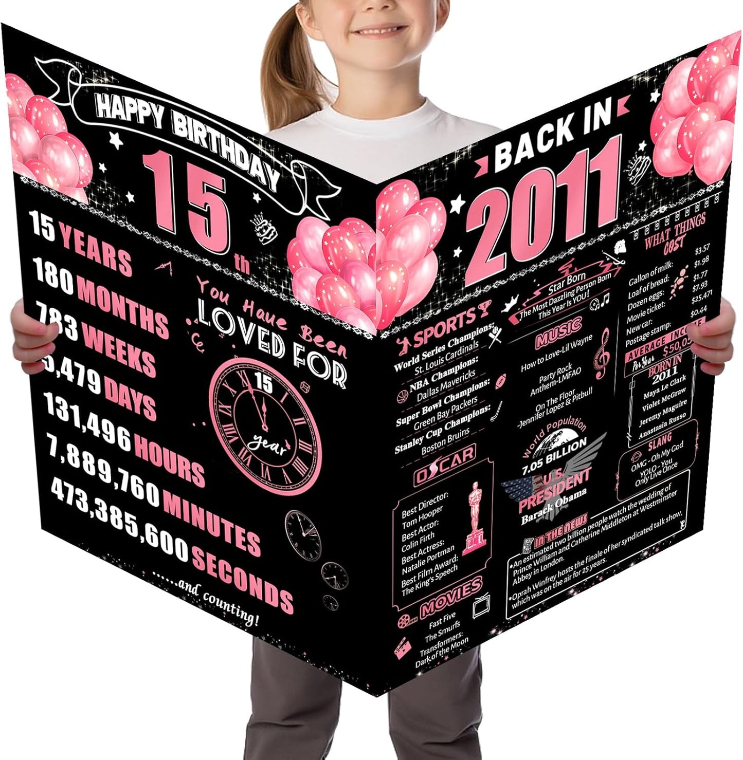 15th Jumbo Birthday Card with Envelope, Black Pink Retro Birthday Decorations for Girls and Boys, 15 Year Old Funny Birthday Gifts for Daughter and Son, Back in 2011