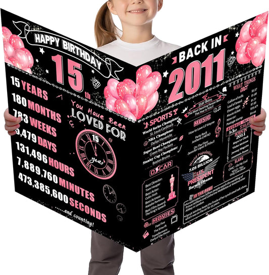 15th Jumbo Birthday Card with Envelope, Black Pink Retro Birthday Decorations for Girls and Boys, 15 Year Old Funny Birthday Gifts for Daughter and Son, Back in 2011