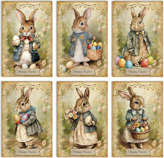 24 Pack Vintage Easter Cards Set with Envelopes & Stickers, Cute Bunny Easter Note Cards, Boxed Spring Celebration Card for Lovers, Kids, Classmate, Friends, Family, 6 Assorted Designs with Heartfelt Message Inside, 4x6 Inch
