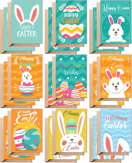 Easter Cards with Envelopes ¨C 18 Greeting Cards Boxed Set with 18 Kraft Envelopes & 18 Stickers, 9 Cute Designs (2 Cards Each), Happy Easter Gifts for Kids, Adults, Son, Daughter, Family & Friends