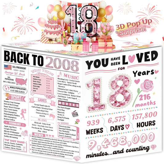 18th Birthday Card Gifts for Girls - 3D Pop Up & Large 18th Birthday Card Decorations for Daughter Granddaughter Niece, Happy 18 Year Old Birthday Card Gifts Decor, Back in 2008, White
