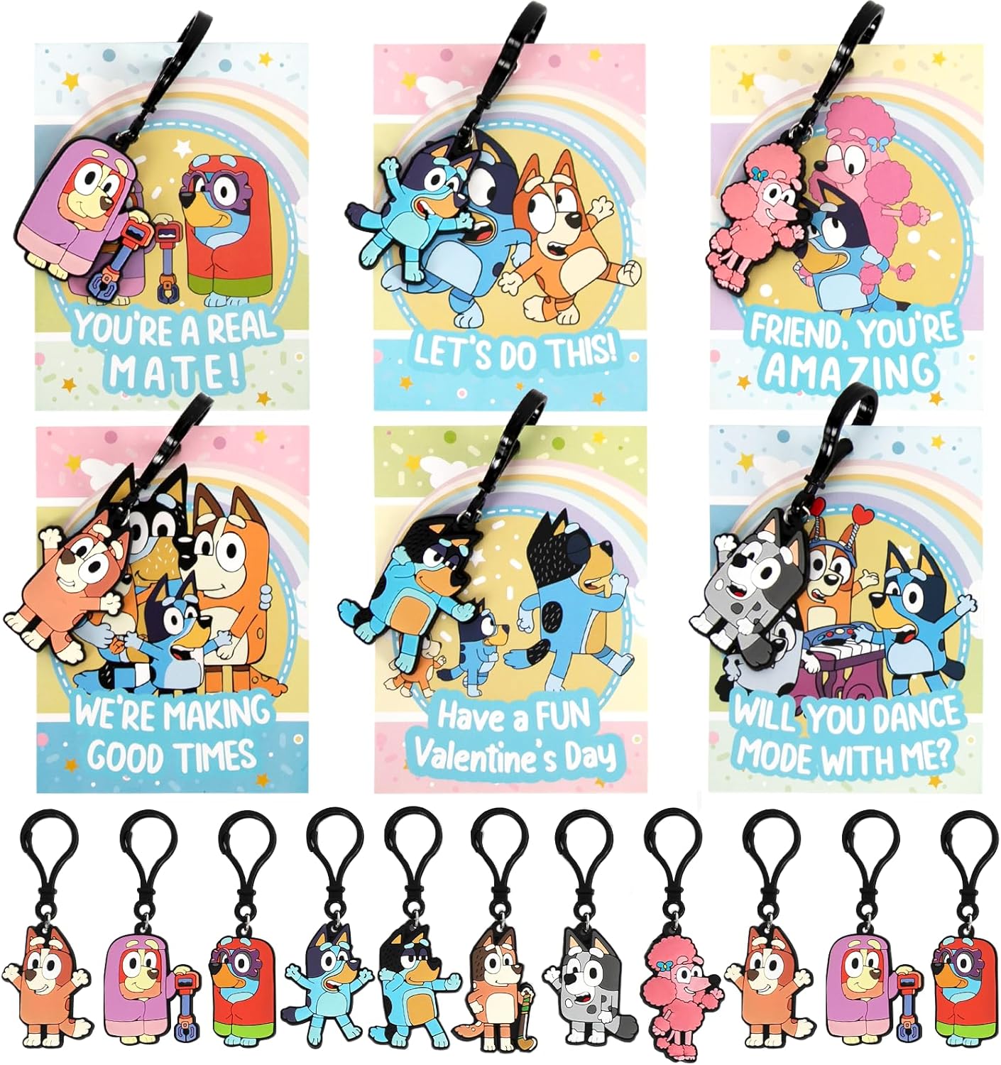 Valentines Day Gifts for Kids, Set of 24 Valentine Cards with Keychains for School Classroom Gift Exchange, Valentine's Day Party Favors for Girls Boys
