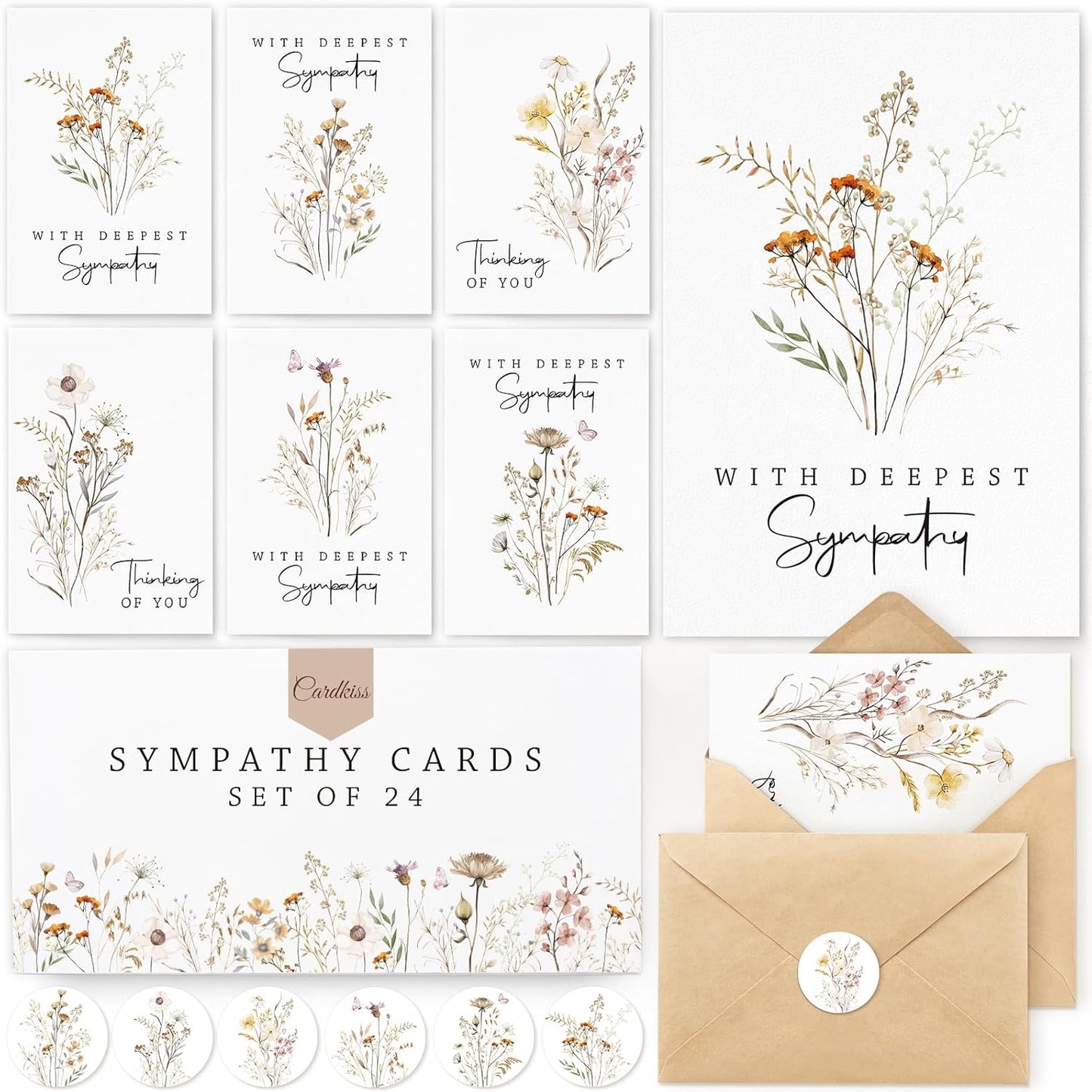 24 Pcs Sympathy Cards with Envelopes, Bulk Condolence Cards with Thoughtful Messages with Envelopes and Stickers, 6 Unique Wildflowers Watercolor Designs