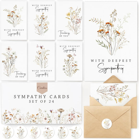 24 Pcs Sympathy Cards with Envelopes, Bulk Condolence Cards with Thoughtful Messages with Envelopes and Stickers, 6 Unique Wildflowers Watercolor Designs