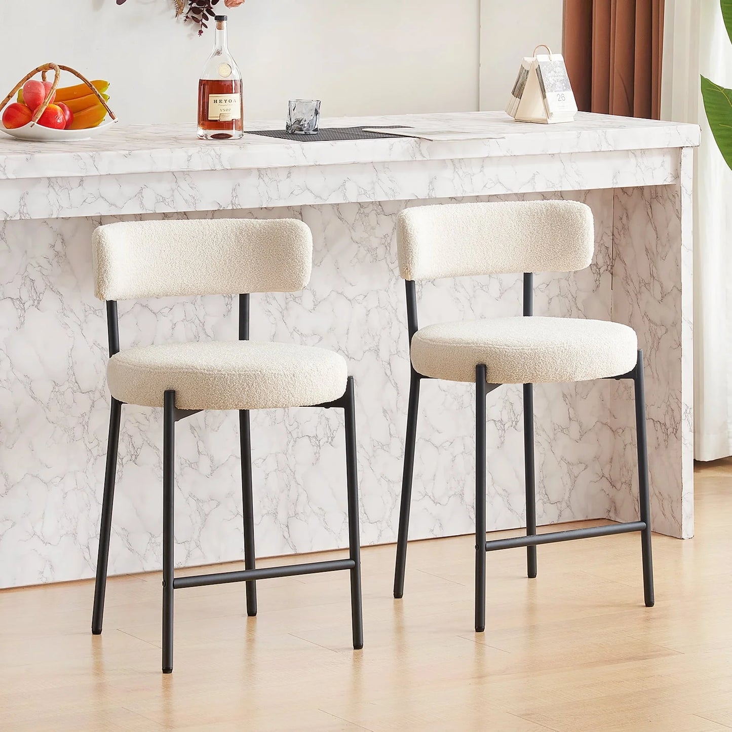 Furniliving Bar Stools Set of 2, Modern Counter Height Bar Stools with Back, Upholstered Bar Height Barstools for Kitchen Counter/Home Bar/Dining Room, Ivory White