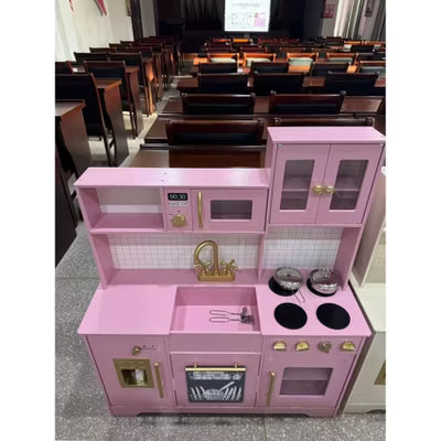 TODECARE Wooden Play Kitchen Set with Ice Maker, Coffee Maker & Kitchen Accessories, Pretend Play Toy Gift for Boys and Girls Ages 3+, Pink