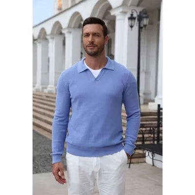 COOFANDY Men's Knit Polo Sweater Long Sleeve Collared Pullover for Business Casual Wear-Black-S