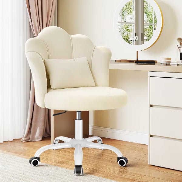 KERDOM Swivel Vanity Chair, Adjustable Height Cute Desk Chair with Lumbar Pillow,Upholstered Armless Office Chair for Bedroom Makeup Home Office,Beige