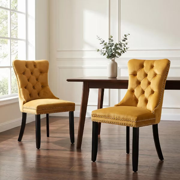 Set of 2 Tufted Velvet Upholstered Accent Chairs with Wood Legs, Modern Dining Chairs, College Dorm Room Decor & First Apartment Furniture