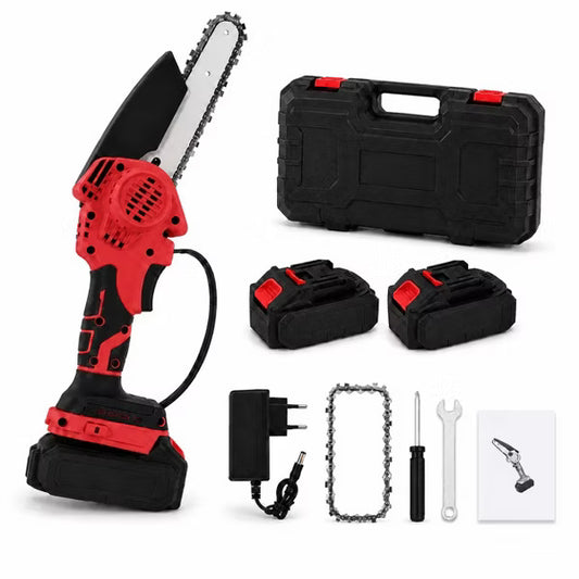 Cordless Mini Chainsaw Pruning Saw with 2 Batteries, Charger, Case and Extra Chain,Red