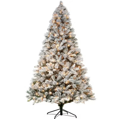 Vivatrees 7.5FT Pre-Lit Flocked Christmas Tree Artificial Xmas Snow Pine Warm White Multi Color LED Lights Metal Base for Home Office Holiday Decor