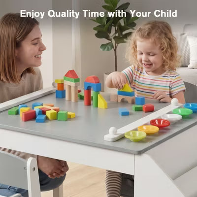 TODECARE 4-in-1 Kids Table & Chairs Set with Whiteboard, Chalkboard, and Storage, Design for Study, Play, and Snack Time, Gray