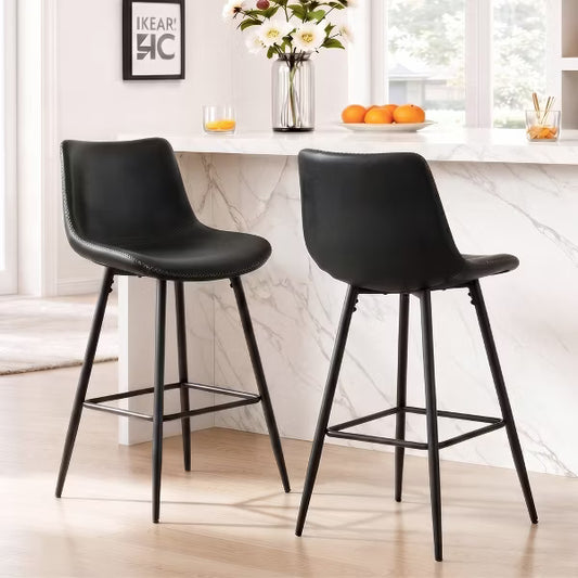 KERDOM Set of 2 Bar Stools, 24" Counter Height Bar Stools with Upholstered Backrest, Black Metal Legs, 250 lbs Capacity,Black