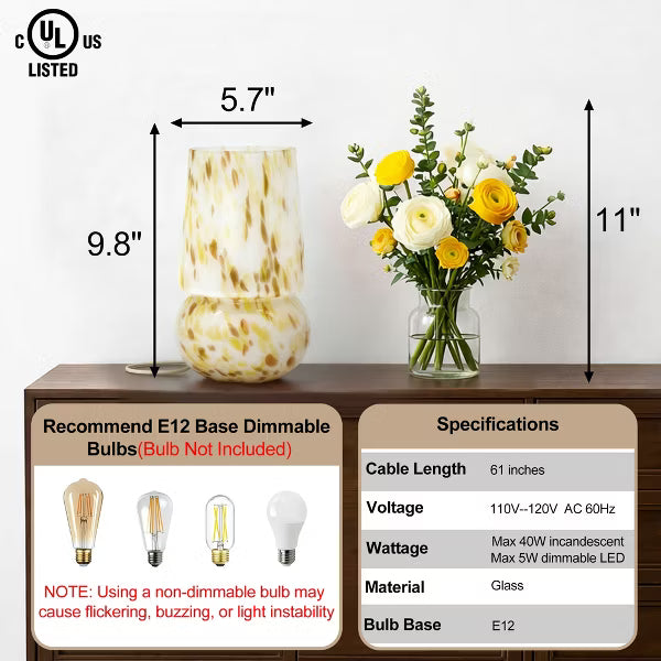 Vibrant Tinted Glass Table Lamp, UL Certified, with Dimmer Switch and Beige Braided Cord for Nightstand, Entryway Decor