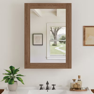 24"x30" Wall Mounted Mirror Cabinet, Functional Bathroom Storage with Wood Frame and Adjustable Shelves