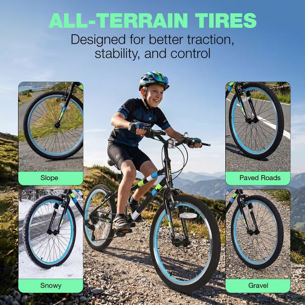 Hykolity 24 Inch Kids Mountain Bike 7-Speed Teen Bicycles For Boys Girls Adjustable Seat Front And Rear V-Brakes All-Terrain Tires