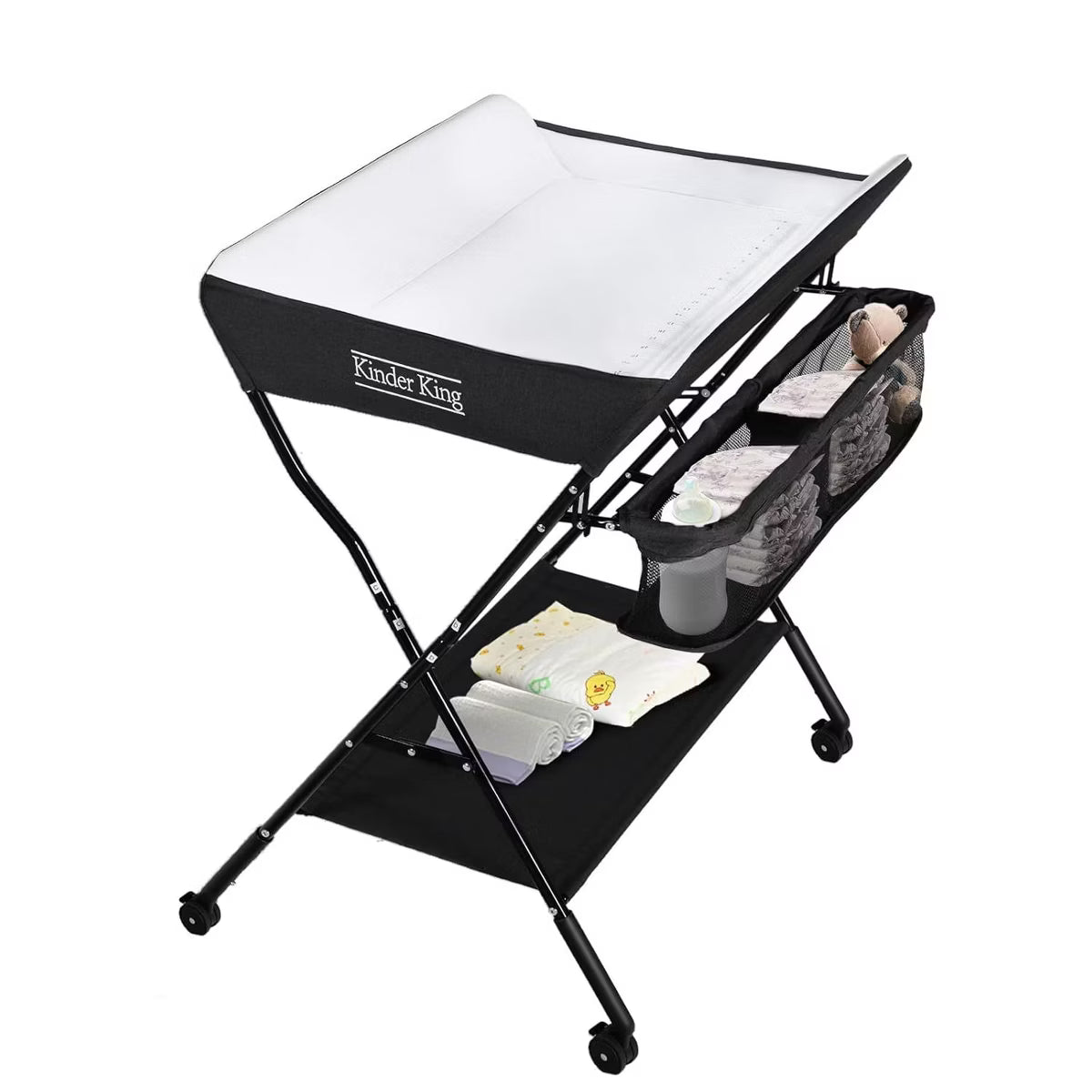 Kinder King Portable Baby Changing Table with Wheels, 4-Level Adjustable Height, Foldable Diaper Station with Storage, Dark Gray