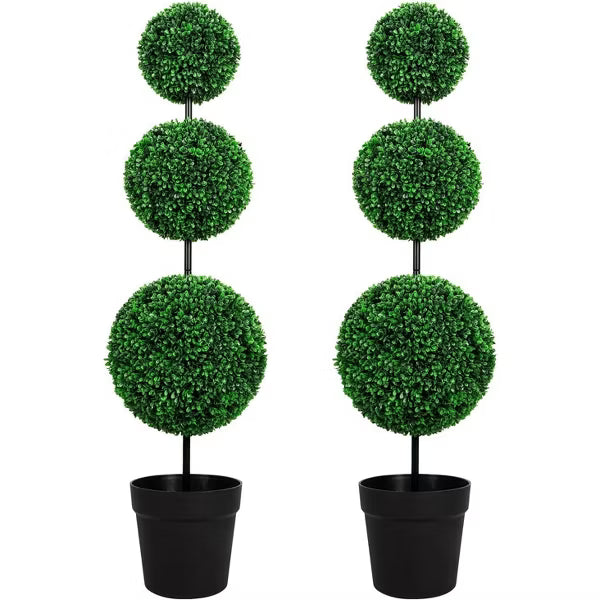 ROMSWI 3FT Artificial Triple Ball Boxwood Topiary Tree 2 Pack UV Resistant Faux Topiary Plant for All-Season Home Office Porch Entryway Decor