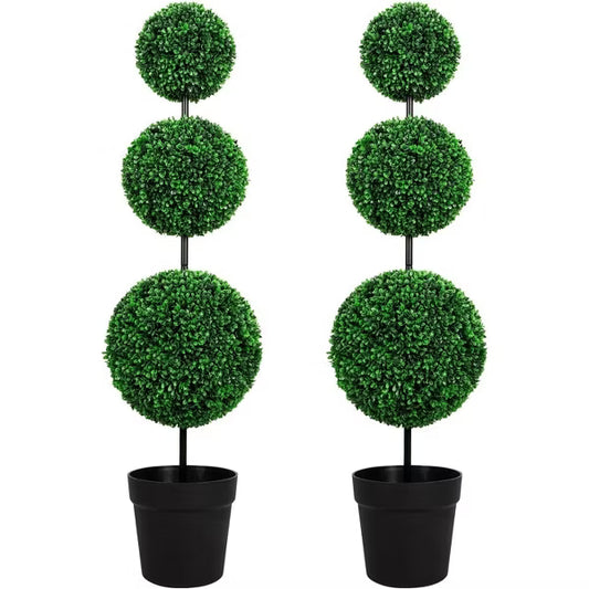 ROMSWI 3FT Artificial Triple Ball Boxwood Topiary Tree 2 Pack UV Resistant Faux Topiary Plant for All-Season Home Office Porch Entryway Decor