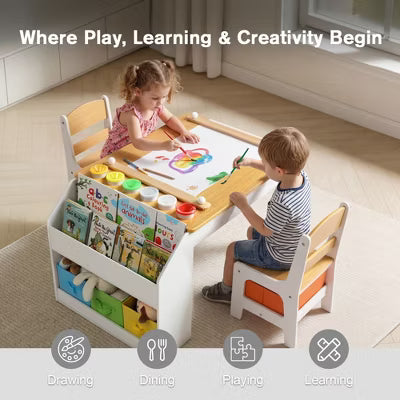 TODECARE 4-in-1 Kids Table & Chairs Set with Whiteboard, Chalkboard, and Storage, Design for Study, Play, and Snack Time, Natural