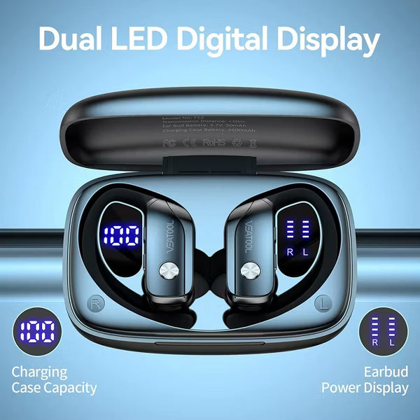 VEAT00L Wireless Earbuds Bluetooth 6.0 Sport 200Hrs Playtime Earhook 6 ENC Mic Hi-Fi Deep Bass IP68 Waterproof Comfort Fit