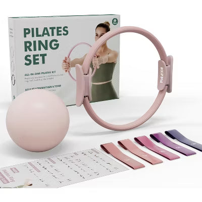 PAETA Pilates Ring Set – 14” Magic Circle (38 lbs Resistance), 9.8” Pilates Ball, 5 Resistance Bands, and Exercise Guide