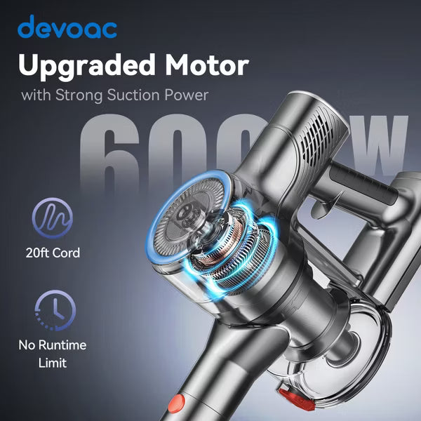 DEVOAC I8 Corded Vacuum Cleaner, 600W 23KPa Stick Vacuum, Free-Stand 6in 1 Powerful Lightweight Handheld Vacuum for Hard Floor Carpet Pet Hair Home