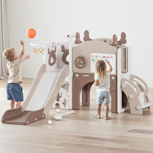 11-in-1 Toddler Slide Playset – Indoor & Outdoor Kids Slide with Basketball Hoop, Golf & Drawing Board (Beige & Rosy Brown, 54×62×39 in)