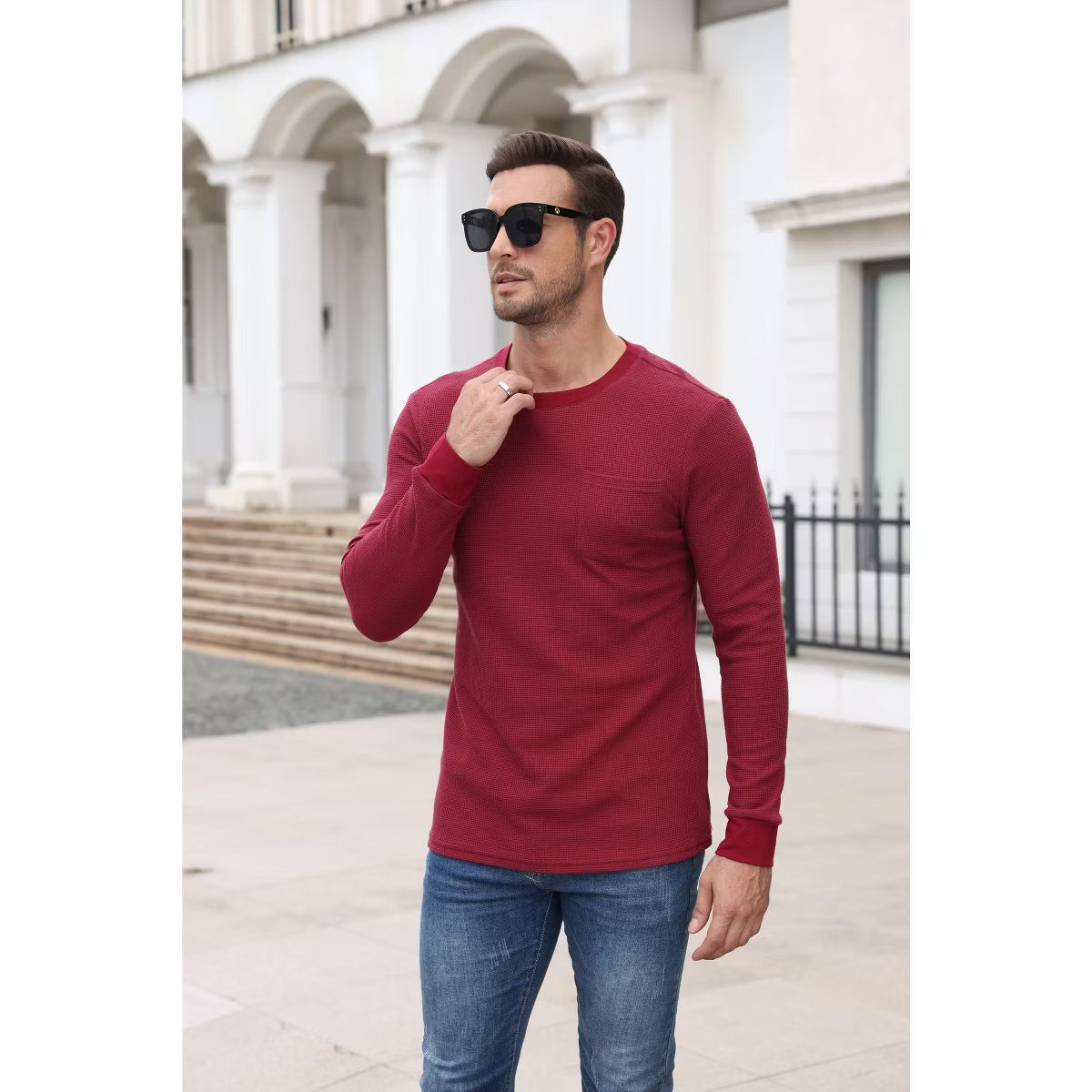COOFANDY Men's Waffle Knit Crewneck Sweatshirt Lightweight Thermal Pullover for Casual Wear-Black-S