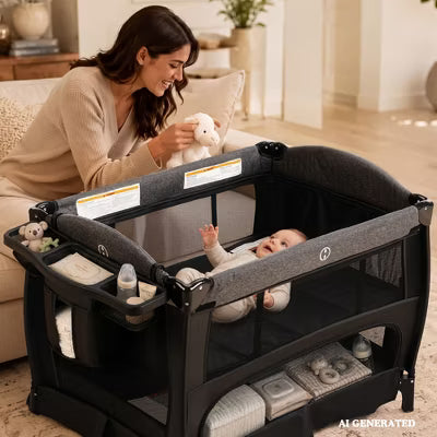TODECARE 5-in-1 Baby Playard with Bassinet, Bedside Sleeper, Changing Table, Canopy & Side Zipper, Portable Baby Playard