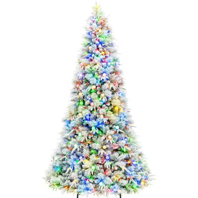 VIVATREES 7.5 Ft Prelit Artificial Christmas Tree, 10 Lighting Modes with Red Berries, Metal Stand, Multi Colors Snow Flocked Xmas Tree