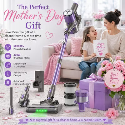 Teendow Cordless Vacuum Cleaner50KPa Lightweight Stick Vacuum, 300W Brushless Motor,Self-Standing Design,Hardwood Floor Vacuum for Pet Hair,Carpet